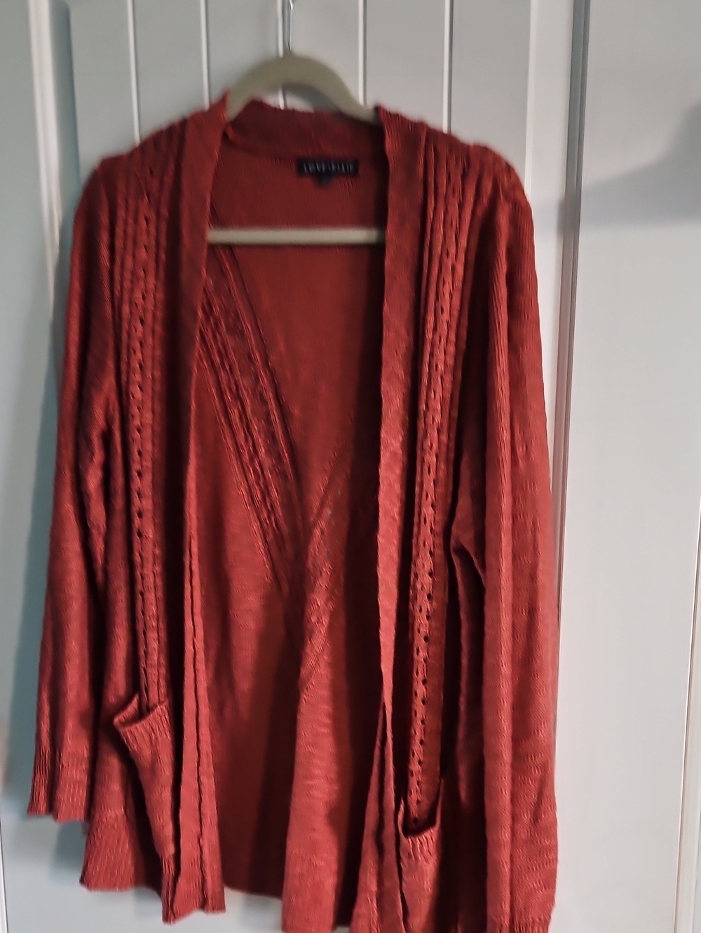Open-Front Rust Knit Cardigan with Cable Trim